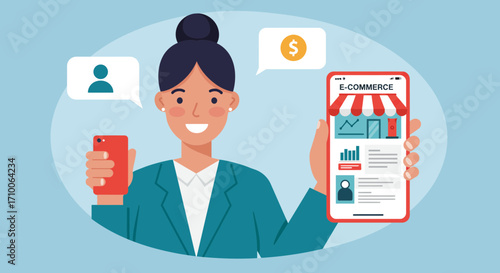 Woman using e-commerce mobile application.