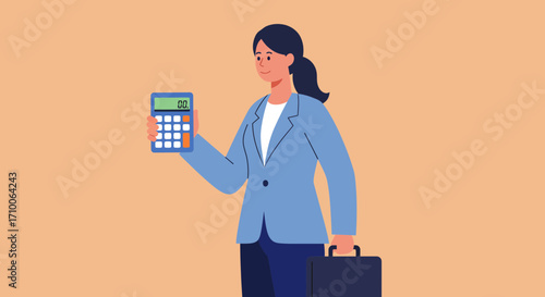 Smiling businesswoman holding calculator and briefcase ready for financial tasks.