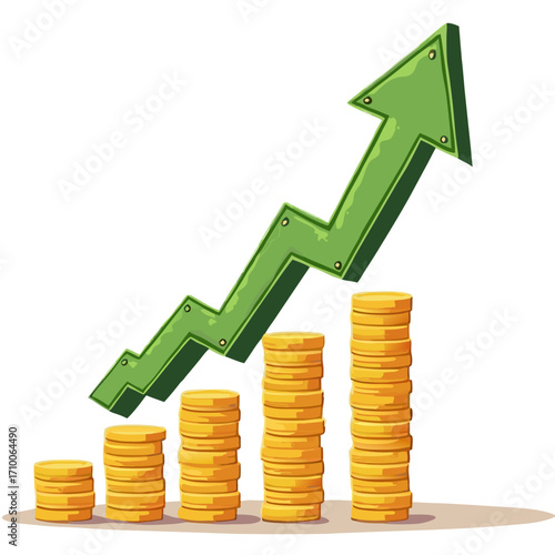 Growth chart with coins and arrow representing financial success and investment growth and business profit up