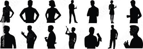 Human gesture silhouette illustrations, expressive poses, black and white clipart, lifestyle icons, communication bundle set, vector pack