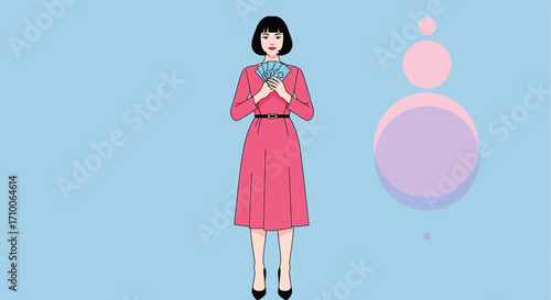Woman in pink dress holding cash money.