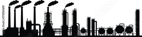 Industrial factory silhouette, smoke pollution, petrochemical plant, refinery chimneys, environmental impact, air contamination, heavy industry, toxic emissions, climate crisis, urban infrastructure