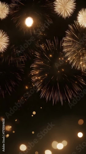 New Year’s Eve Celebration Fireworks Holiday Background Panorama. Festive Golden Firework Display On Dark Night Sky Greeting Card Design. Vertical Video