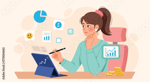 Female professional analyzing financial data on a tablet with a stylus surrounded by business icons.