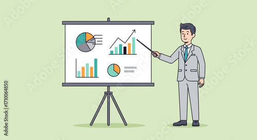 Businessman giving a presentation with charts and graphs on a whiteboard.