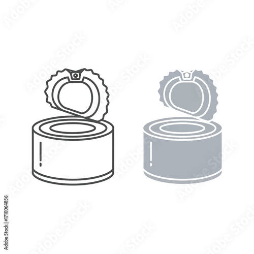 Illustration of an opened can, , depicted in both line art and filled styles, representing food preservation and container