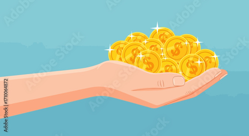 Hand holding a pile of gold coins representing wealth and financial success.