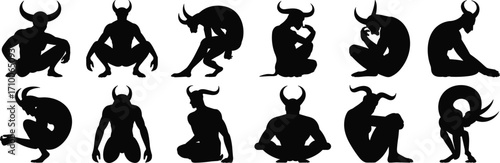Horned humanoid silhouette illustrations, MBTI personality icons, black clipart, seated poses, archetype bundle set, vector pack