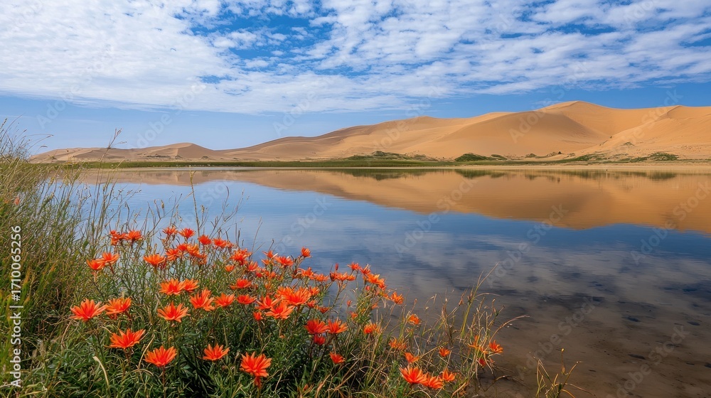 Obraz premium Desert oasis reflecting in calm lake water with orange flowers in foreground.