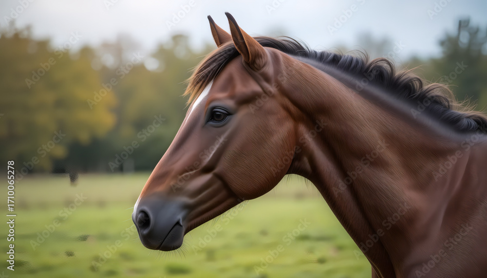 Fototapeta premium A majestic brown horse with a braided mane stands in a green field, facing left. The background features blurred trees under a cloudy sky.
