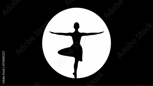 Silhouette of a woman in a yoga pose against a white circle on a black background artistic design
