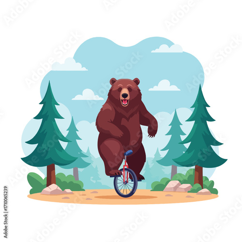 A brown bear skillfully rides a unicycle through a forest clearing with pine trees and rocks.
