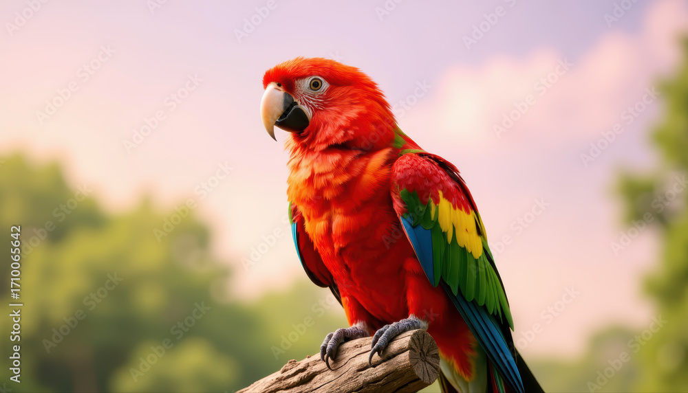 Fototapeta premium Scarlet macaw on branch, nature close-up, vibrant colors, warm pastel backdrop
