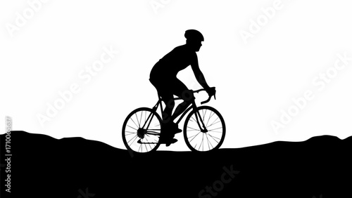 Silhouette of a cyclist riding a bicycle on a hill against a white background in a simple black and white image