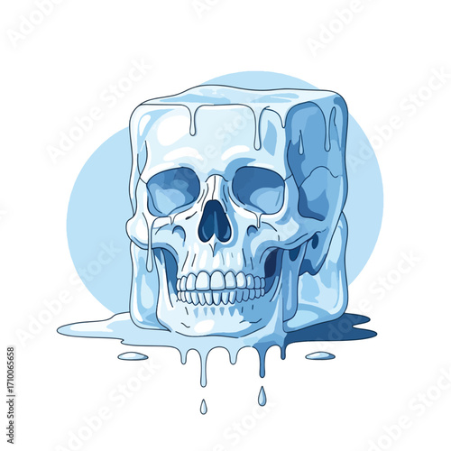 An illustrative image of a melting ice skull, with water dripping down, set against a light blue background.