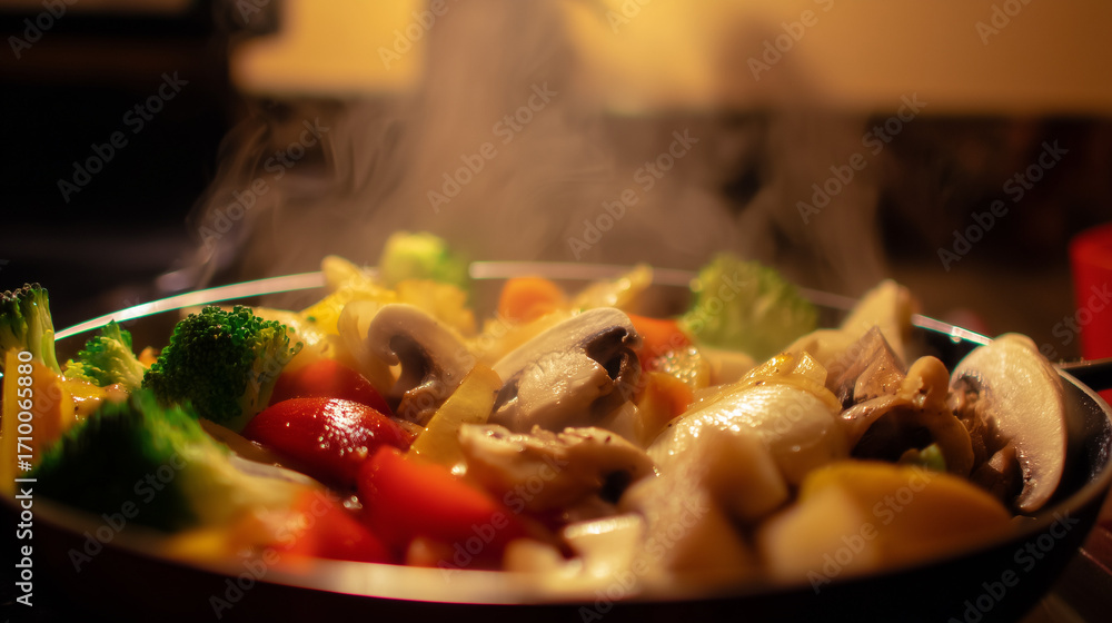 custom made wallpaper toronto digitalSizzling vegetables in a pan, captured from above with steam rising and vibrant colors popping.