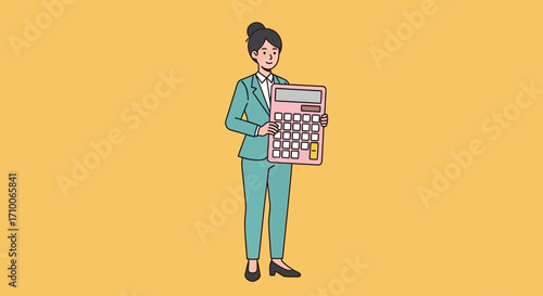 Businesswoman holding a large pink calculator in a teal suit.
