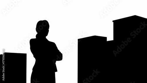 Silhouette of a businesswoman with arms crossed looking at a staircase representing career growth and success