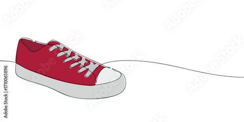 One line drawing of a red sneaker with white sole and laces. Minimalist footwear illustration. Casual style and streetwear concept for design, textile, fashion and education