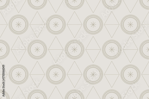 A repeating pattern of circles with stars inside and diamonds on a light beige colored background