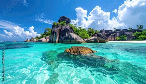 Coastal Tropical Paradise with Turquoise Water Granite Boulders and Lush Greenery under a Bright Sunny Sky Creating a Stunning Ocean Scene