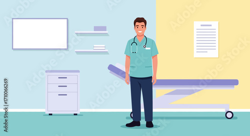 Medical professional in a clinic setting ready to assist patients with care and compassion.