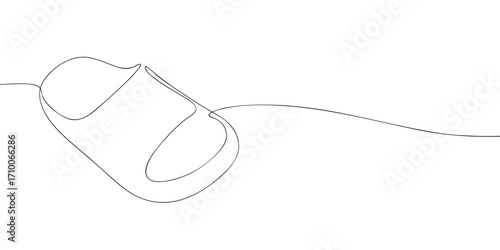 Minimalist line drawing of a slip-on sandal with open toe and wide strap. Outline illustration for summer footwear, casual fashion, and comfort shoe design projects