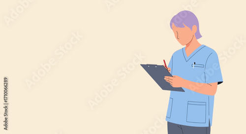 Healthcare professional in scrubs writing on clipboard medical worker taking notes.