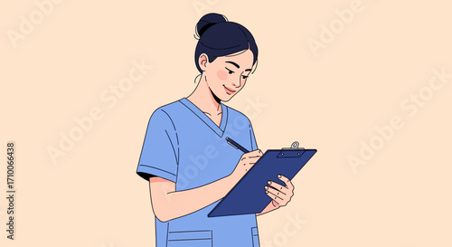 female nurse writing on clipboard.