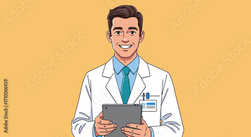 Young male doctor in white lab coat holding a tablet computer.