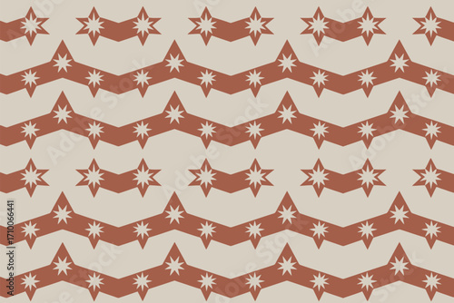 A repeating pattern of brown zigzag stripes with white stars on a beige background creating a wallpaper look