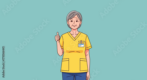 Senior Woman in Scrubs Giving Thumbs Up Gesture.