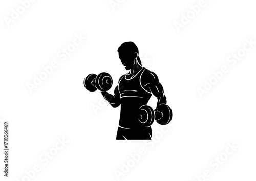 "Strong black vector silhouette of gym athlete lifting dumbbells, fitness and health design symbolizing strength, workout, training, and healthy active lifestyle.
