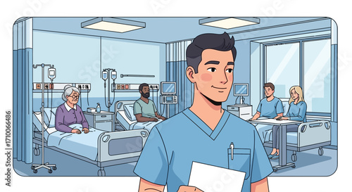 Smiling male nurse holding a paper in a hospital room.