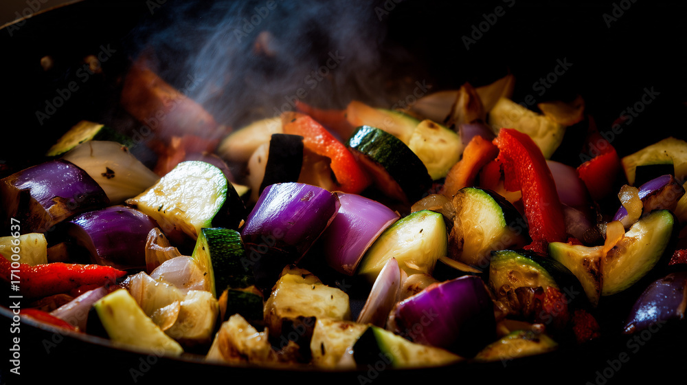 custom made wallpaper toronto digitalSizzling vegetables in a pan, captured from above with steam rising and vibrant colors popping.