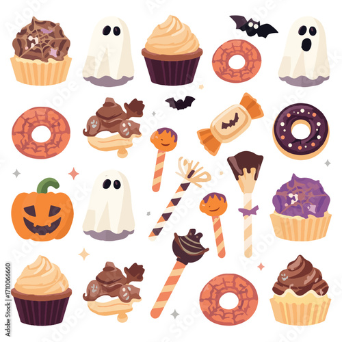 Donuts, themed cupcakes, candy, pumpkin, bat, ghost, spider for spooky celebrations, great for halloween party invitations, social media posts.
