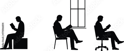 Man reading silhouette, learning activity, book engagement, quiet moment, literature study, personal reflection, vector illustration, seated figure, window setting, office chair