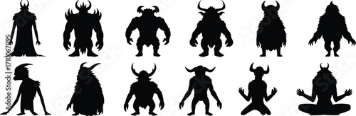 Monster silhouette illustrations, mythical creature icons, black and white clipart, fantasy character designs, beast bundle set, vector pack
