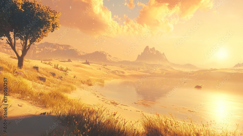 Fototapeta premium Serene sunset over a tranquil desert landscape with a lone tree and calm lake.
