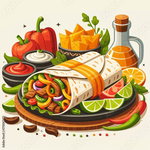 Colorful still life of a loaded burrito with assorted sides  sauces on a round platter
