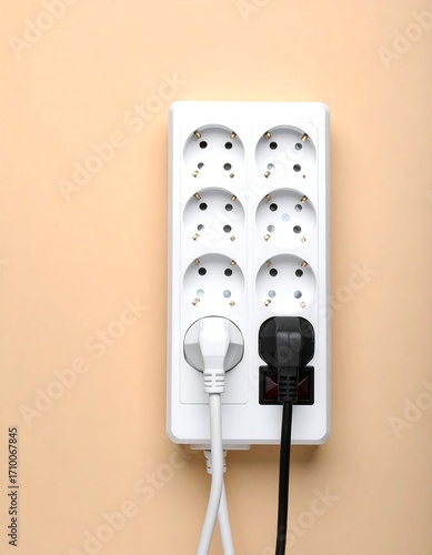 White surge protector with two plugged cables
