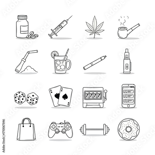 Vector art of collection of addictive substance and activities, including drugs, alcohol, gambling, and unhealthy food