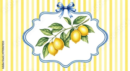Watercolor illustration of a lemon branch with blue ribbon on a yellow striped background