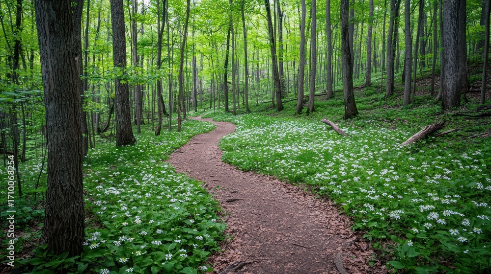 Fototapeta premium Winding forest path amidst blooming wildflowers.