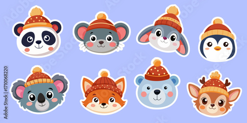 Set of stickers of winter cartoon animals in knitted hats - vector illustrations of cute characters for Christmas cards, kids stickers, holiday design and winter decor