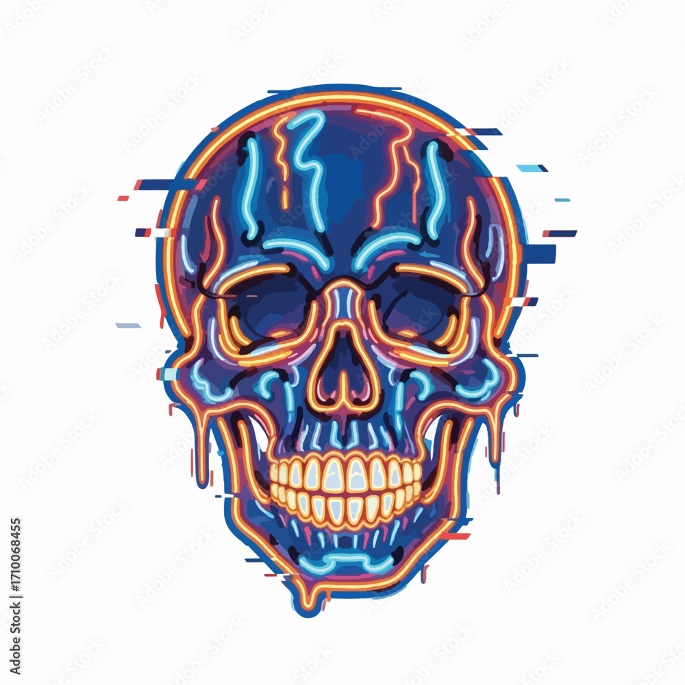 Fototapeta premium Neon skull illustration with glitch effect, vibrant colors, and dripping design elements.