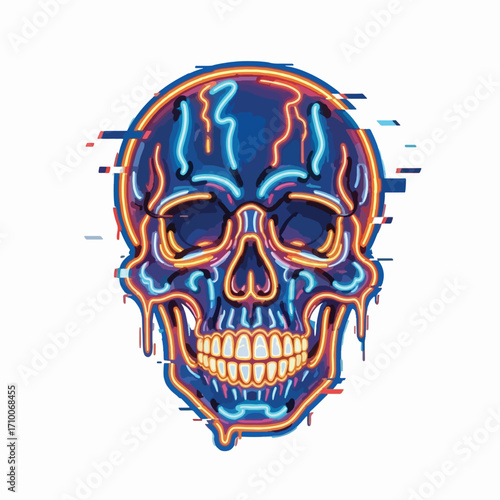 Neon skull illustration with glitch effect, vibrant colors, and dripping design elements.