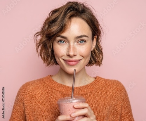 A woman with a radiant smile holds a refreshing pink smoothie in front of a soft pink background.