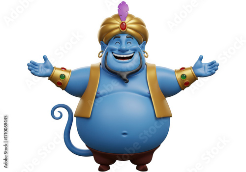 Chubby blue genie with golden turban spreading arms in welcoming pose cgi character transparent background