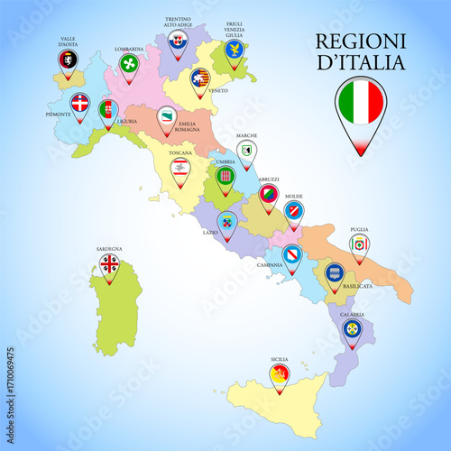 Italy, round icons of the flags of the regions of the Italian Republic on the map, vector illustration
